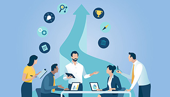 Five people sitting at a conference table share ideas and information with the goal of economic growth, depicted by a arrow pointing upward from the table