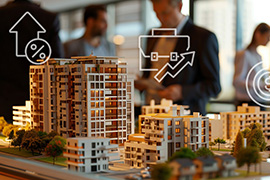 A model of a new development sits on a table with icons depicting positive data points overlaid.