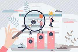 First, second, and third place winners stand on three gradually lower pedestals in front of an online list of state business rankings. The first-place winner is celebratory, the second-place winner is surprised, and the third-place winner is confused. A hand holding a magnifying glass examines it all.