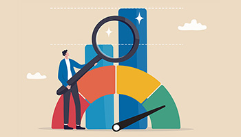 A man holds a magnifying glass in front of a ranking gauge and a bar chart