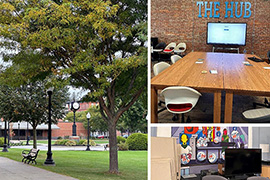 Three photos show a park, a meeting room and office space within The Hub coworking space in Olean, NY