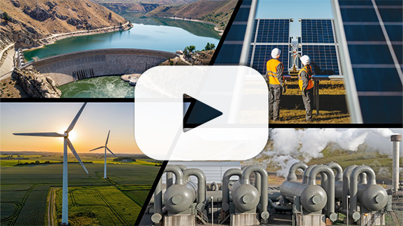 A collage of images of different types of renewable energy with a YouTube "play" button on top of it