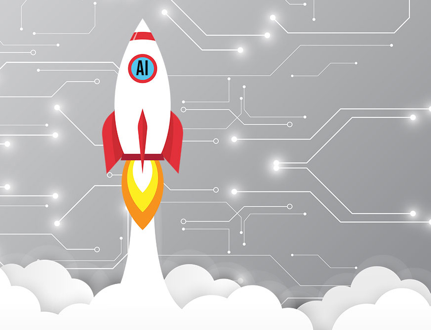 A rocket ship representing AI blasts off