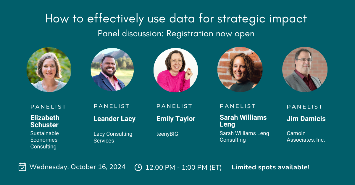 Graphic promoting the free webinar includes photos of the five panelists: Elizabeth Schuster, Leander Lacy, Emily Taylor, Sarah Williams Leng, and Jim Damicis.