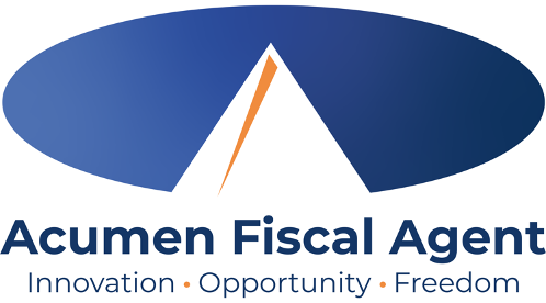 Una imagen del logotipo del Agente Fiscal Acumen. El logotipo es un óvalo azul oscuro con un triángulo recortado y una línea anaranjada que lo atraviesa. Debajo del óvalo azul hay las palabras Acumen Fiscal Agent y en letra más pequeña hay las palabras innovación, oportunidad y libertad.