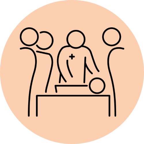 Black line drawing of clinicians over a patient on a pale orange circle