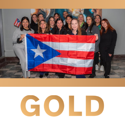 Photo of the gold Centers of Excellence winners holding a Puerto Rican flag