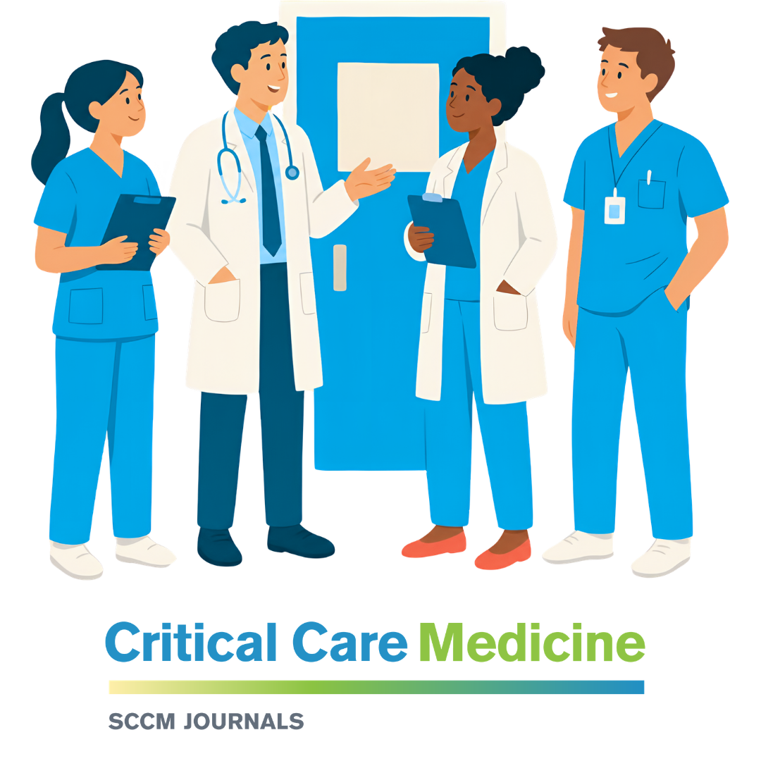 Drawing of four clinicians talking. The Critical Care Medicine logo is below them.
