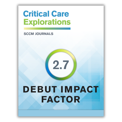 Critical Care Explorations cover with "2.7" and "Debut Impact Factor" on the cover