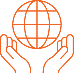 Orange line drawing of hands holding a globe