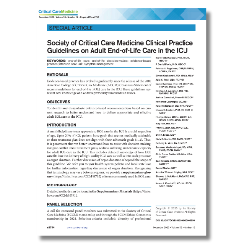 First page of the adult end-of-life care in the ICU guidelines.
