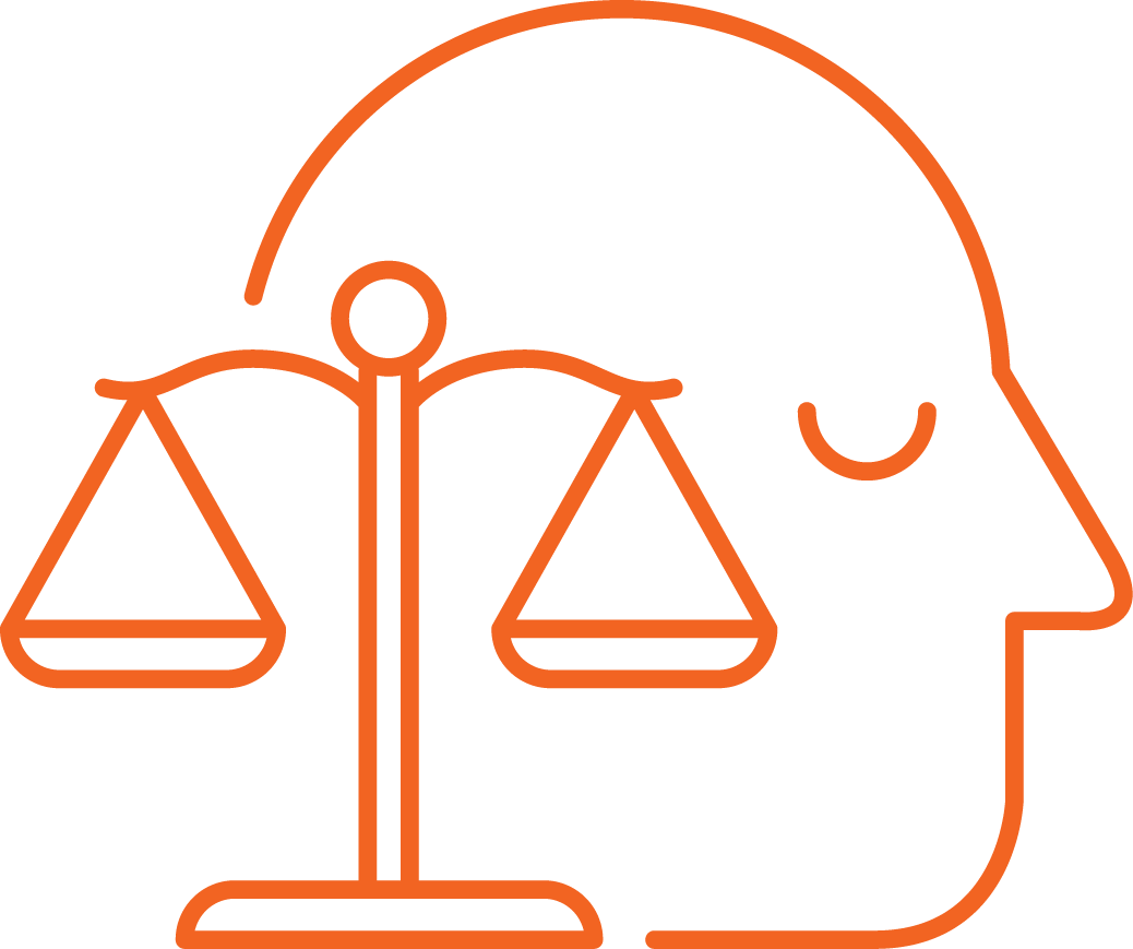 Orange line drawing of a person's head with the scales of justice in front