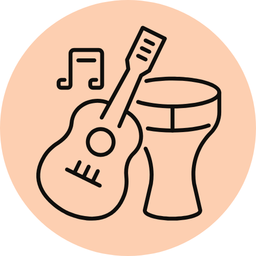 Black line drawing of musical instruments on a pale orange circle