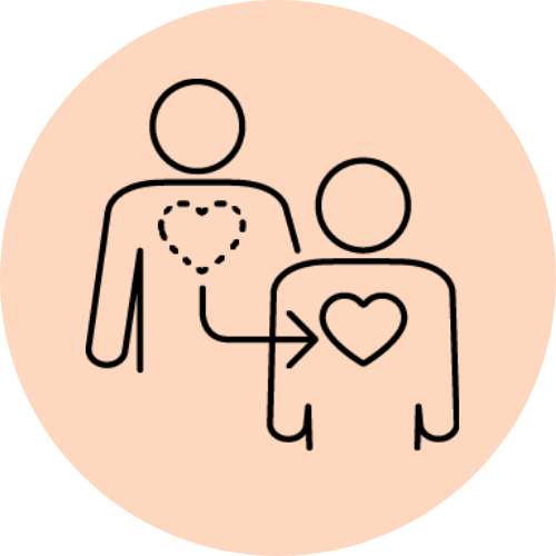 Black line drawing of a heart moving from one person to another