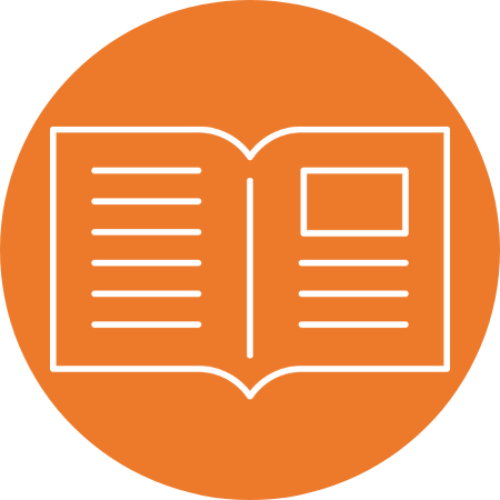 White line drawing on an orange circle backgroud of an open journal