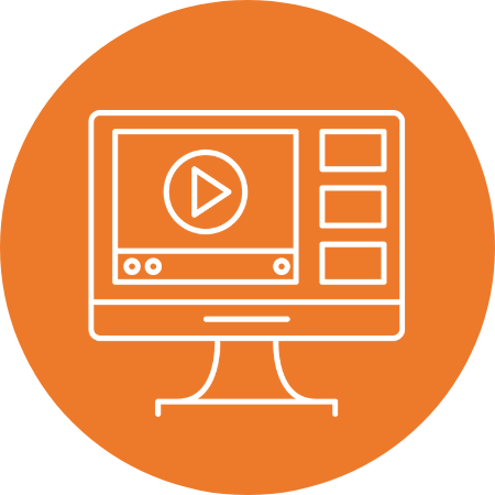 White line drawing on an orange circle background of a video open on a computer