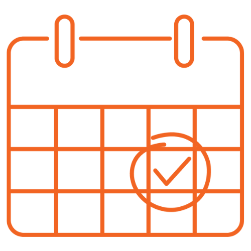 Orange line drawing of a calendar with a date circled and checked.