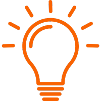 Orange line drawing of a lit lightbulb