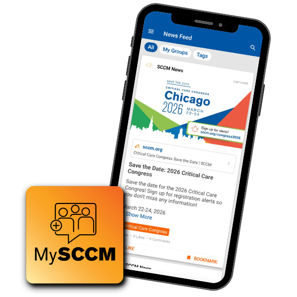 Square icon of the MySCCM app, which is an orange gradient with a line drawing of people within a chat box icon and "MySCCM" at the bottom. The icon is next to a phone image of the MySCCM app homepage.