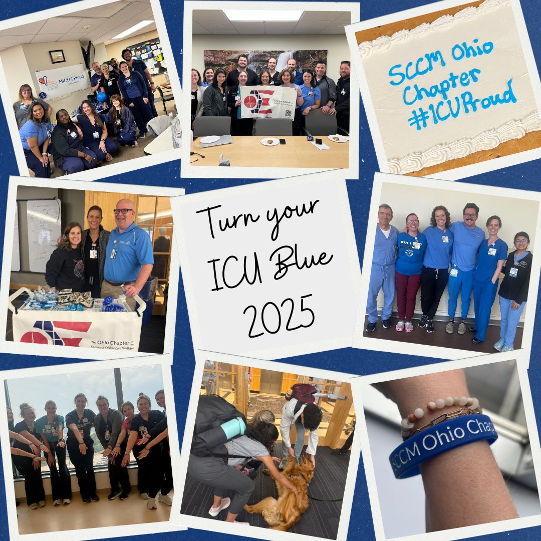 Collage of photos featuring the SCCM Ohio Chapter celebrating NCCARM with blue wristbands, clothes, and cake.