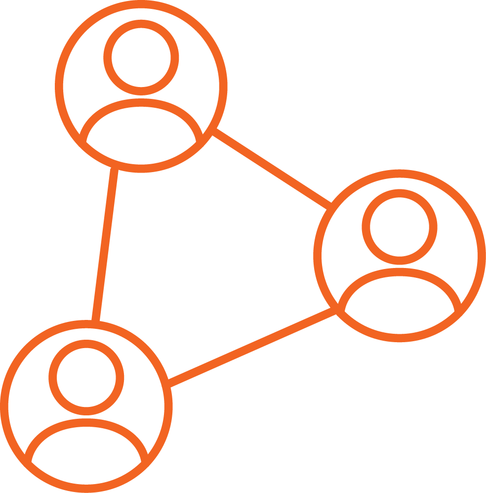 Orange line drawing of people connected by lines in a network