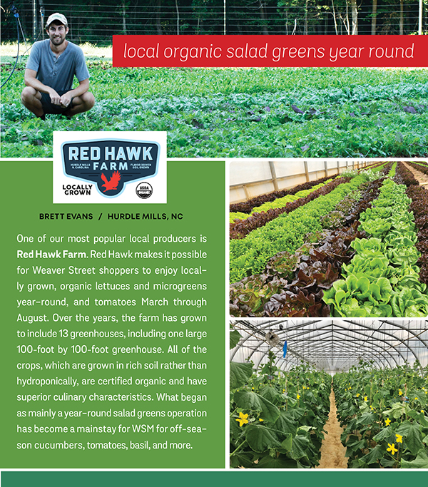 Brett Evans from Red Hawk Farm in Hurdle mills, NC. One of our most popular local producers is Red Hawk Farm. Red Hawk makes it possible for Weaver Street shoppers to enjoy locally grown, organic lettuces and microgreens year-round, and tomatoes March through August. Over the years, the farm has grown to include 13 greenhouses, including one large 100-foot by 100-foot greenhouse. All of the crops, which are grown in rich soil rather than hydroponically, are certified organic and have superior culinary characteristics. What began as mainly a year-round salad greens operation has become a mainstay for WSM for off-season cucumbers, tomatoes, basil, and more.