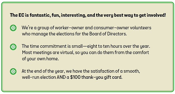 The EC is fantastic, fun, interesting, and the very best way to get involved! We’re a group of worker-owner and consumer-owner volunteers who manage the elections for the Board of Directors.   The time commitment is small—eight to ten hours over the year. Most meetings are virtual, so you can do them from the comfort of your own home.   At the end of the year, we have the satisfaction of a smooth, well-run election AND a $100 thank-you gift card.