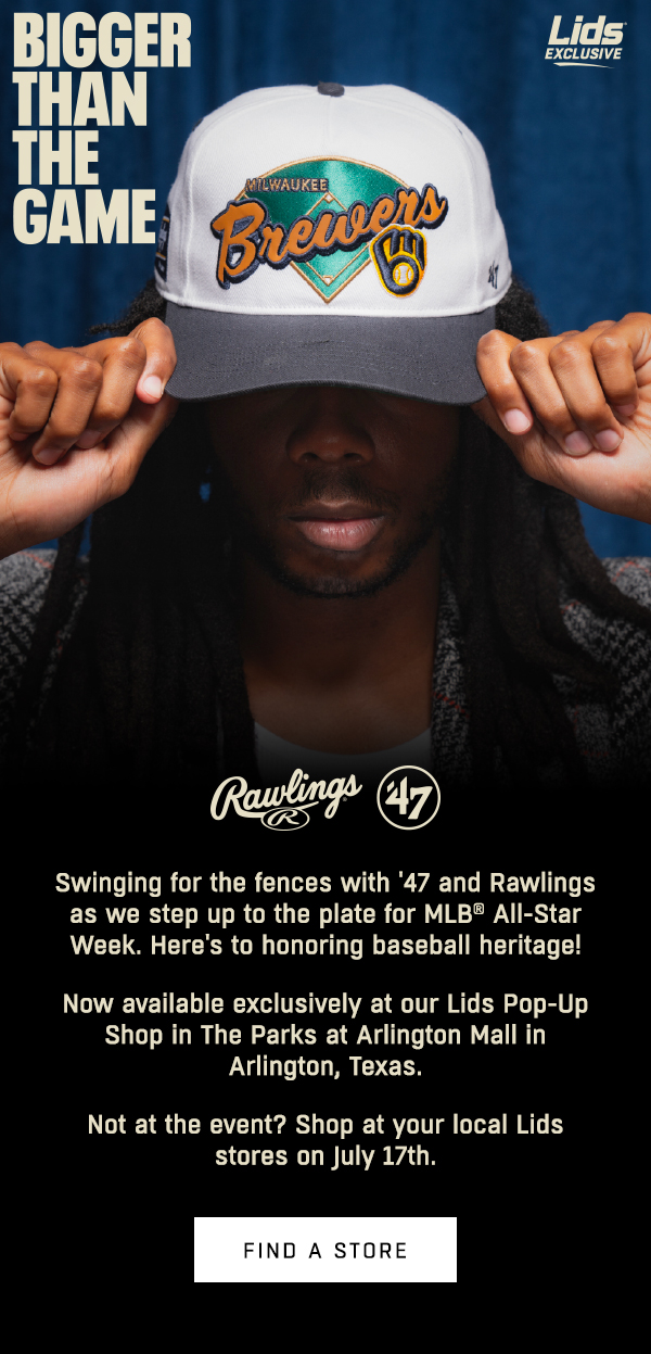 Swinging for the fences with '47 and Rawlings as we step up to the plate for MLB® All-Star Week. Here's to honoring baseball heritage!Now available exclusively at our Lids Pop-Up Shop in The Parks at Arlington Mall in Arlington, Texas. Not at the event? Shop at your local Lids stores on July 17th.