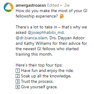 Screenshot of Instagram reel caption - How do you make the most of your GI fellowship experience?