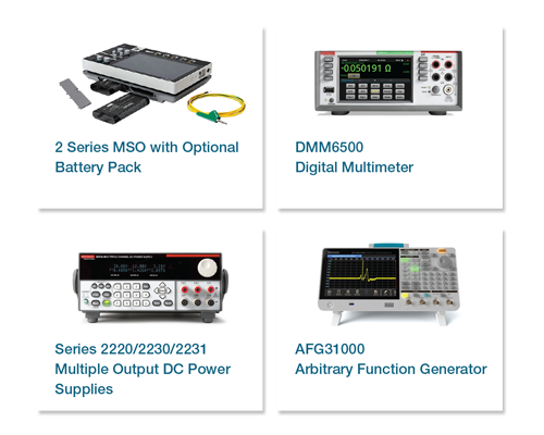 Embedded Design Engineer Bench including 2 Series MSO Battery Pack, DMM6500 Digital Multimeter, Series 2220/2230/2231 Multiple Output DC Power Supply, and AFG31000 Arbitrary Function Generator