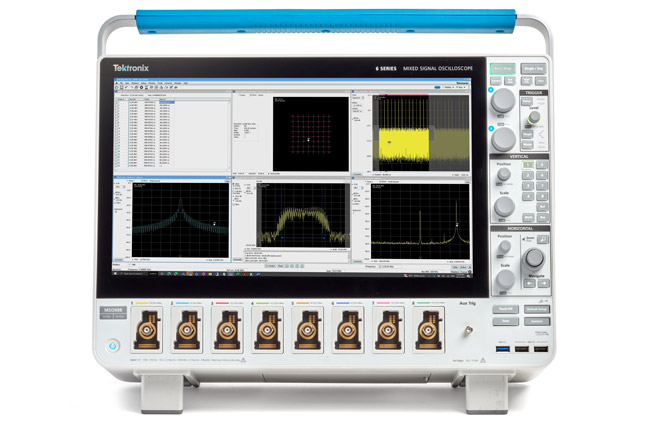 Tektronix MSO 6 B oscilloscope running SignalVu PC software and showing two signals on the same channel, a 64 QAM signal and a pulsed radar signal, are acquired and analyzed independently. Source 1 observes both signals, while Source 2 is set to analyze only the radar signal. Another source is dedicated to analyzing and demodulating the 64 QAM signal.