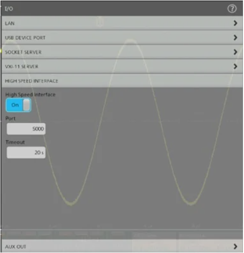 The High Speed Interface settings menu featuring a toggle button to enable High Speed Interface, the port number field, and the timeout parameter in seconds. 