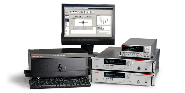 The Keithley 2600-PCT-4B High Power Measurement System includes Source Measure and C-V Units, test fixture cabling, protection modules, and bias tees together with measurement software.